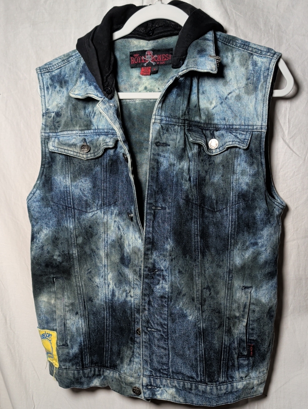 Royal Bones Distressed Blue Denim Vest with Black Hood  Moto Grunge Skater Wear